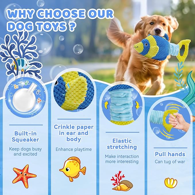 YZHDUXIU Tug of War Dog Toy, Squeaky Dog Toys, Interactive Fish Puppy Toys with Crinkle Paper to Keep Them Busy