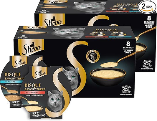 Sheba Bisque Lickable Cat Treats & Cat Food Toppers, Chicken and Tuna Recipes, 1.4 oz. Bowls, 8 Count (Pack of 2)
