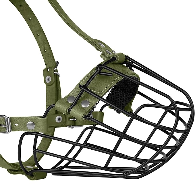 Pitbull Dog Muzzle Breathable Metal Basket for Large Dogs Amstaff Staffordshire Terrier Secure Wire Mask Adjustable Durable Leather Straps Biting Chewing Barking (Olive)
