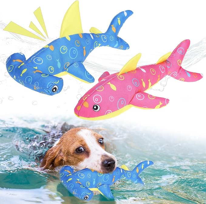 BINGPET Floating Dog Toys, 2 Pack Durable Squeaky Shark Water Toy for Pool Beach Outdoor Interactive Fetch, Oxford Fabric Summer Swimming Pool Toys for Small Medium Large Dogs