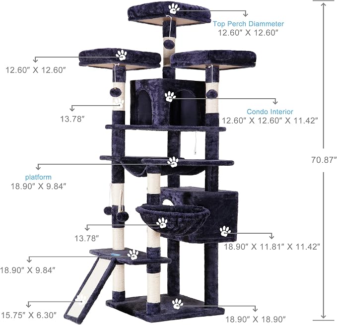 Hey-brother Cat Tree, 71 inches XL Large Cat Tower for Indoor Cats, Multi-Level Cat House with 3 Padded Perches, Big Scratcher, Cozy Basket, 2 Cat Condos and Scratching Posts, Smoky Gray MPJ034G