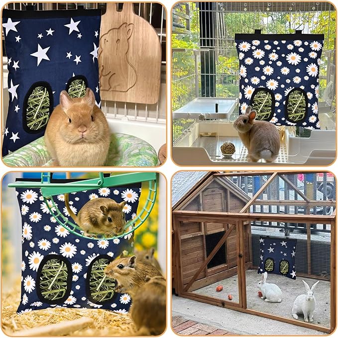 Upgraded Rabbits Hay Feeder Bag for Bunny, Guinea Pigs, Chinchillas - Hanging Washable 2-Hole Hay Dispenser with 600D Oxford Fabric, Small Animal Cage Accessories （Blue Star and Blue Daisy）