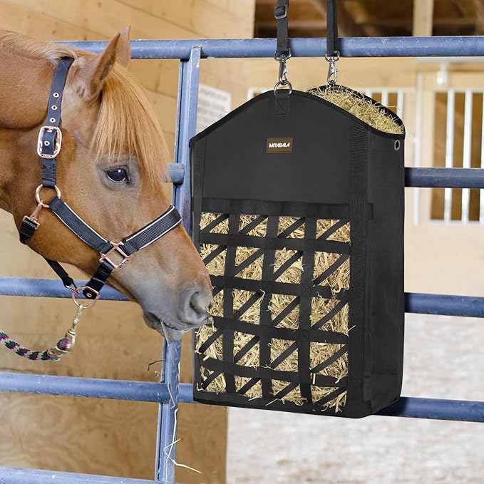 Ultra-Slow Feed Hay Bag for Horses, 3 Packs Hay Bags with Net Front Design,Wide Opening for Easy Filling,Two Types of Hanging for Feeding Goats, Sheep and Donkeys (3 Black)