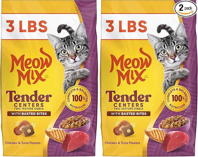 Meow Mix Tender Centers Basted Bites Chicken and Tuna Flavor, 3 Lb (Pack of 2)