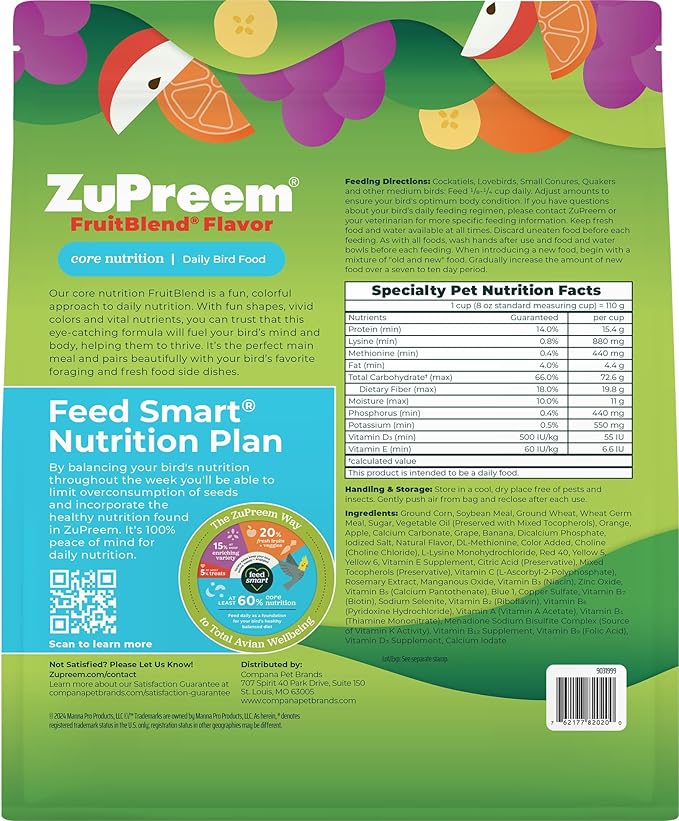 ZuPreem FruitBlend Cockatiel Pellets – Vitamin Fortified Medium Bird Food for Cockatiels, Quakers, Lovebirds & Small Conures – Pellet Diet, 2 lb (Pack of 2)