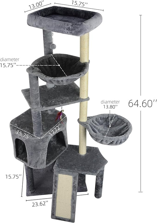 Wang Xin Four Layer Big Cat Tree with Huge Cat Condo and Two Hammocks Scratch Pad,Grey