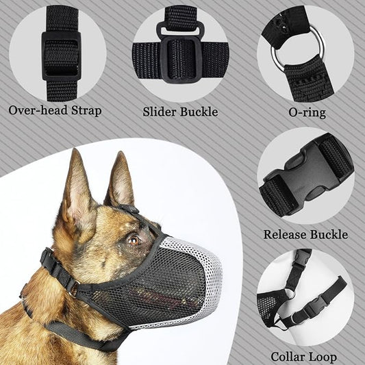 Mayerzon Dog Muzzle, Patented Mesh Soft Muzzles for Large Medium Small Dogs Poodle Husky Doberman Labrador Retriever for Scavenging Grooming Biting Chewing, Breathable Reflective Mussel with Collar