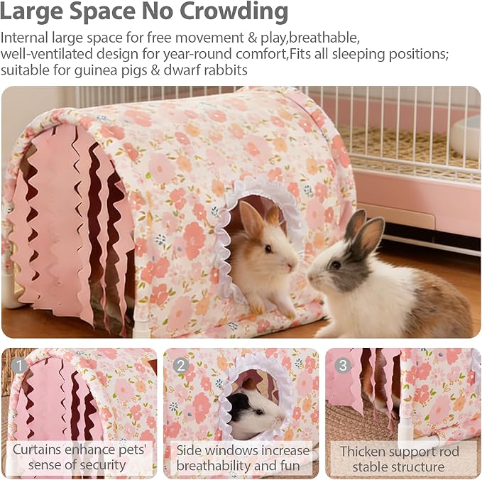 Guinea Pig Hideout Tunnel - Stable Washable Small Animal Tunnel Hide with Curtains,Guinea Pig Accessories for Hamster/Chinchilla/Dwarf Rabbit/Ferret (Pink, Large)