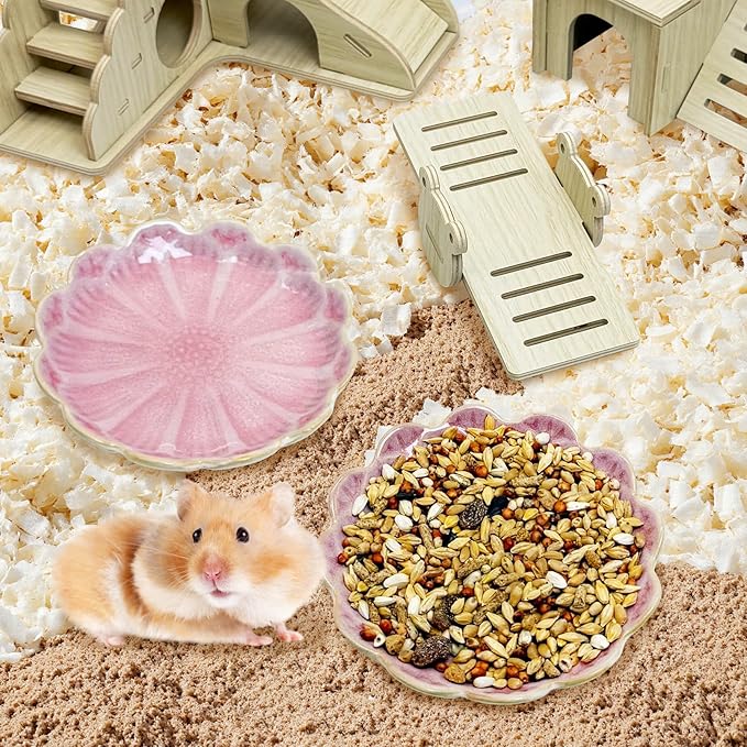 BNOSDM Shallow Ceramic Hamster Food Dish 2 Pcs Small Animals Food Bowl Sunflower Feeding Dishes for Gerbils Mice Rats 4.5in (Pink)