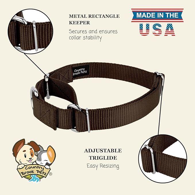 Country Brook Petz - Martingale Dog Collar - Heavy-Duty Training Collar with No Buckle - Service Dog Collar for All Pups - 20 Vibrant Colors (Brown, 3/4 Inch, Small)