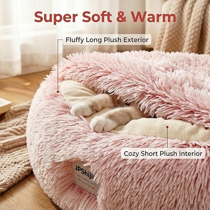 Hooded Dog Bed, Cat Cave Bed with Removable Hood, 2-in-1 Convertible Donut Cat Bed, All Season Fluffy Pet Bed for Cats Small Dogs (Cave Bed - Pink, Large Size 23.6 in)