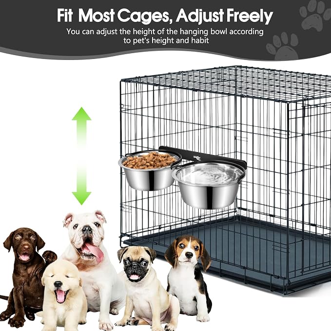 Dog Crate Water Bowl No Spill, 2 Pack Pet Stainless Steel Kennel Food Bowls | Hanging Non-tipped Design, Holds 27oz/Bowl, Promotes Elevated Feeding, for Kennel & Cage, Durable Metal Construction