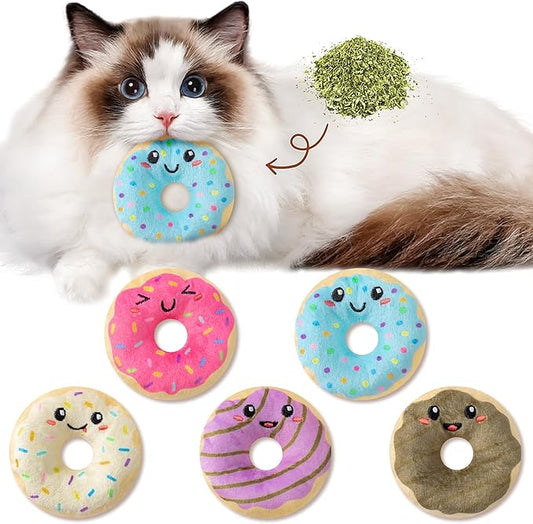L1rabe Donut Catnip Stuffed Toys for Cats - 5Pcs Pet Days Funny Dessert Organic Cat Toys Pet Supplies, Indoor Cats Chew Bite Teething Tools Kittens Catmint Birthday Present Interactive Supplies