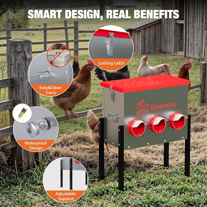 Chicken Feeders,47 lb Capacity 6 Port Automatic Chicken Feeder, Metal Chick Feeder with Locking Lid and Legs, Chicken Feeder for Chickens, Ducks, Geese