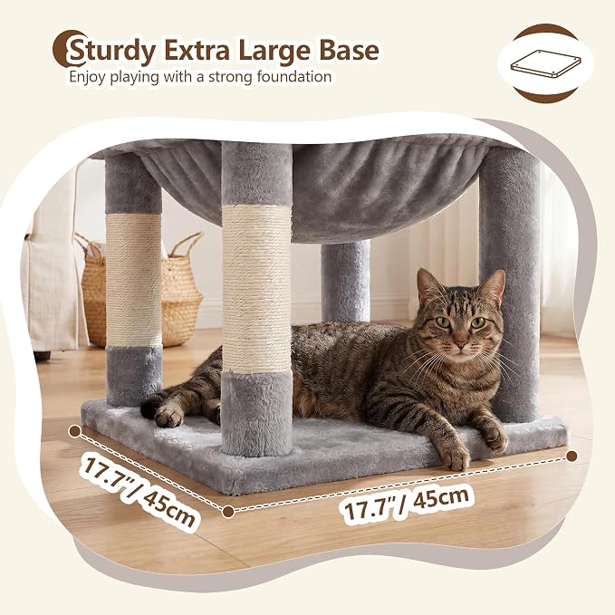 Heybly Cat Tree, 53.1-Inch Corner Stable Cat Tower for Large Indoor Cats, Well-Structured Interactive Cat Condo with Fan-Shaped Top Perch, Cozy Condo, Sturdy Base, Basket & Hammock,Light Gray HCT029W