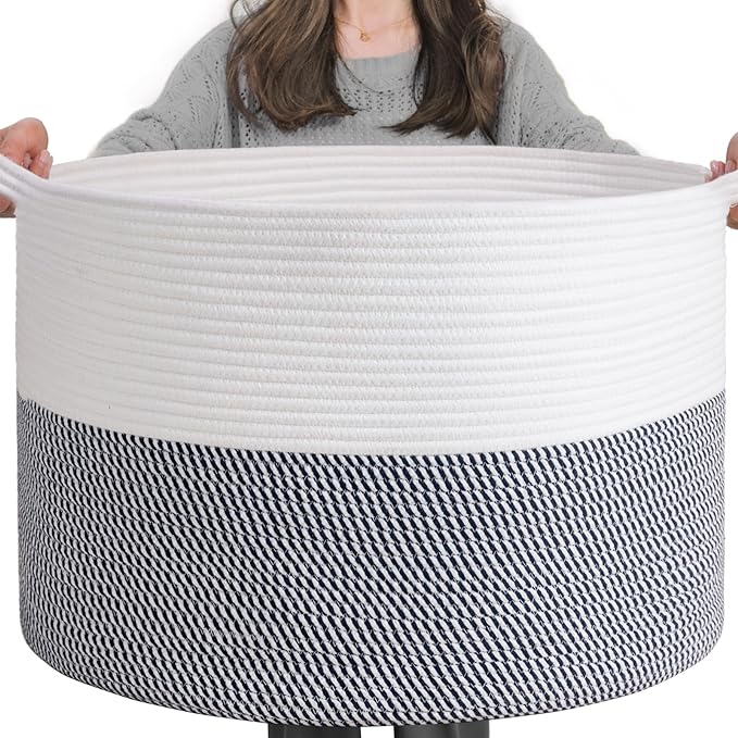 INDRESSME XXXLarge Cotton Rope Basket 21.7" x 21.7" x 13.8" Woven Baby Laundry Baskets Blanket Basket Toy Baskets with Handle Storage Comforter Cushions Navy Laundry Hamper