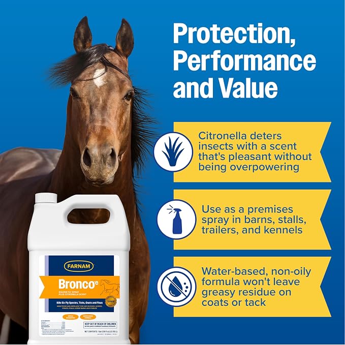 Farnam Bronco E Fly Spray for Horses, Dogs & Premises - Water-Based Fly Spray Kills & Repels Stable, Horse, Deer, House & Horn Flies, Mosquitoes, Fleas, Chiggers, Ticks, Lice & Gnats [128 oz Refill]