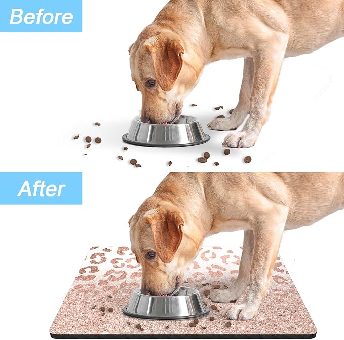 Rnivvi Dog Food Mat, 12" x 19" Leopard Absorbent Dog Cat Bowl Mat for Food and Water, Cute Anti-Slip Rubber Pet Feeding Rug Protect Floors, Puppy Placemat for Feeding & Watering Supplies, Rose