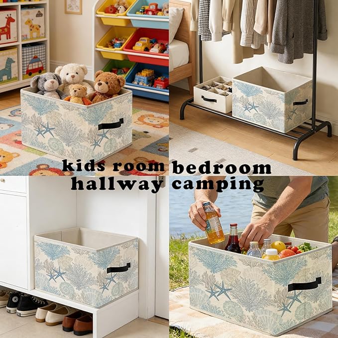 Coastal Beach Storage Bins, Beach House Decor, Coastal Coral Starfish Seashell Foldable Closet Organizers Storage Basket Toybox for Clothes Bed Sheets Blankets Toys