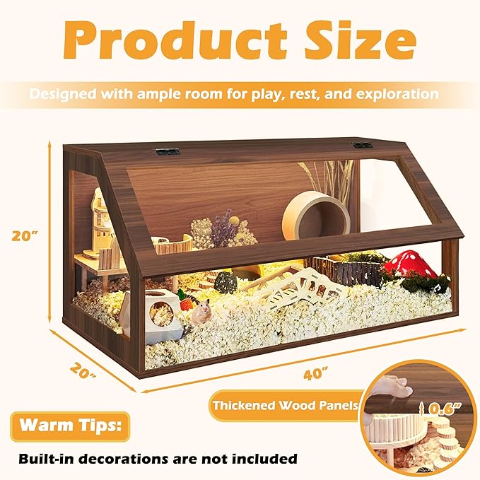 PROLEE Hamster Cage Chewproof, 40" x 20" x 20" Sloped Mice and Rat Habitat with Clear View, Solid Built with Lockable Design and Openable Top, Walnut