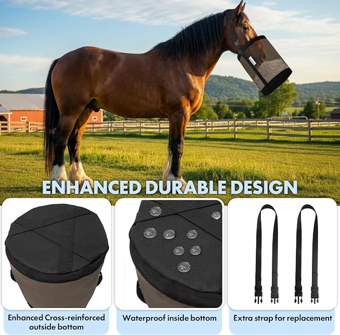 Horse Feed Bag Pack of 2 (Reinforced Bottom Edging), Feed Bags for Horses with Ventilation Mesh, Comfort Nose Pad Neck Pad, Adjustable Strap, Spill Proof Design for Feeding Grain, Supplements