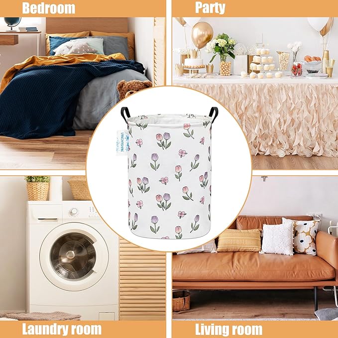 Laundry Basket Canvas Fabric Collapsible Organizer Basket for Storage Bin Toy Bins Gift Baskets Bedroom Clothes Children Nursery Hamper (Tulip)