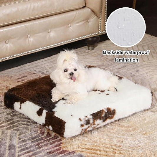 Bedfolks Waterproof Crate Bed, Plush Dog & Cat Bed with Removable Washable Cover, Faux Fur Kennel Pad, 17"x12", Cow Print