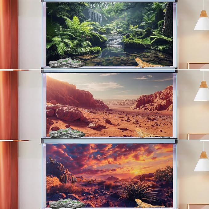 COMSUN 3 Pack Terrarium Background, 60x24 inches Polyester Reptile Background, Cloth Terrarium Backgrounds, Gobi Sunshine Cactus Stone & Green Tree Fern Stream Backgrounds
