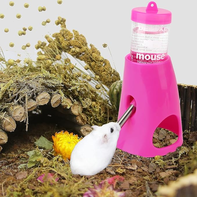 Hypeety Hamster Water Bottle with Base Hamster Automatic Water Dispenser Cage Accessories for Dwarf Hamster Mouse Rat Hedgehog Guinea Pig 80ML (Pink, 80ml)