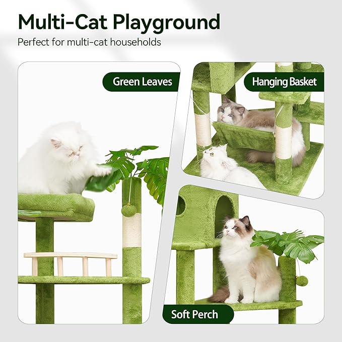 Meecal 77in Large Cat Tower for Heavy Duty Big Cats, Tall Cat Tree with Leaves - Scratching Post, Two Cat Condos, Soft Hammocks, Padded Perches & Dangling Balls, Green