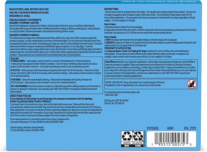 Amazon Basics Flea and Tick Topical Treatment for Medium Dogs (23-44 lbs), Fast Acting and Long Lasting, 3 Count, Packaging May Vary