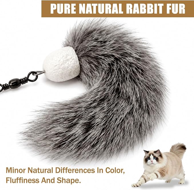 3 Pack Natural Rabbit Fur Cat Toy Refills, Handmade Interactive Cat Wand Attachments Cat Teaser Wand Replacement Head for Indoor Cats and Kittens