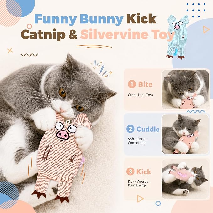 Cat Toys for Indoor Cats, 2 PCS 8000mg A+Natural Catnip Silvervine Crinkle Interactive Cat Toy Pig with Bell Elastic Tail, Baby-Grade Plush Chew Toy for Teeth Cleaning, Cat Kickers for Boredom