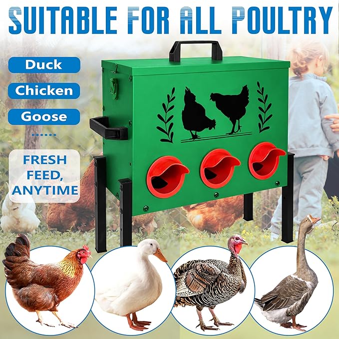 No Waste Automatic Chicken Feeder (30 LB), Rodent Resistant Metal Poultry Feeder with Locking Lid, Adjustable Stand & 8 Ports, Heavy Duty Weatherproof Feed Box for Hens, Ducks