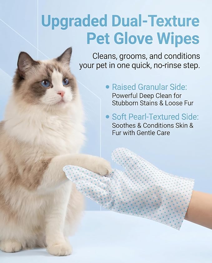 Pet Glove Wipes, Dual Sides Deodorizing Hypoallergenic No-Rinse Grooming Mitts with Natural Extracts Bath Cleaning for Dogs, Cats, Rabbits