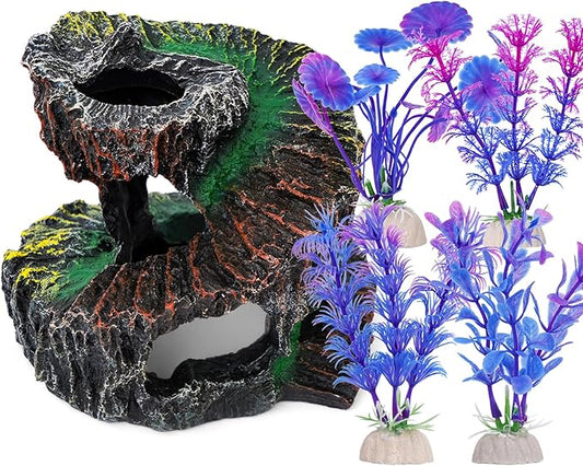 Aquarium Fish Tank Decorations, Montain Ornaments Accessories Decor for Small Aquarium, Spiral Staircase x 1pc, Aquatic Plants x 4pcs