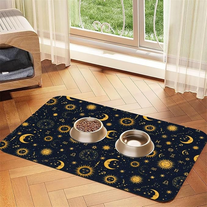 Dog Food Mats for Floors Boho Chic Art Golden Sun Moon and Stars Over Blue Black Sky Dog Accessories Pet Supplies