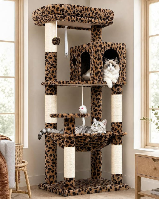Globlazer Leopard Cat Tree Tower with Scratching Post for Indoor Cats, 53in Plush Multi-Level Cat Climbing Tower Condo House with Large Hammock, Spacious Cat Cave, Padded Top Perch, F53, Leopard Print