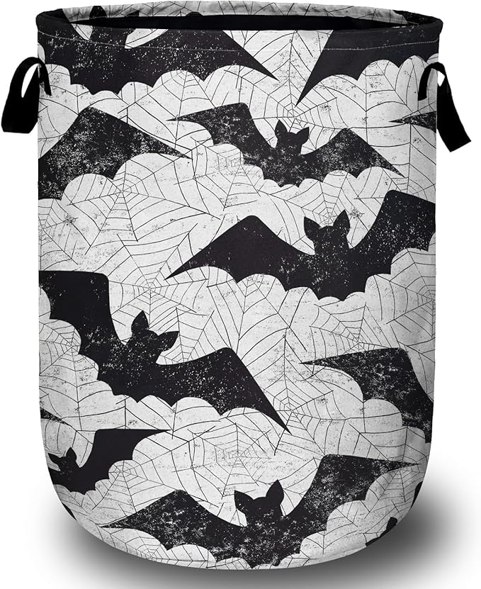 Retro Black White Bat Laundry Basket, Halloween Laundry Hamper Collapsible Oxford Cloth with Handle Clothes Storage Bin for Bathroom Laundry Room Bedroom 15.7 X 20 Inch
