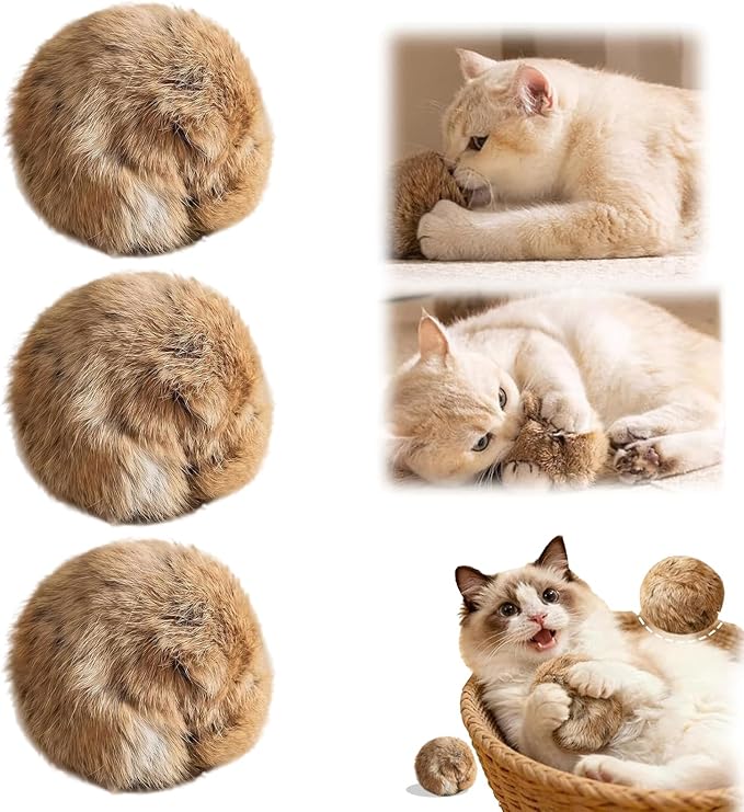 Rabbit Fur Pom-Pom Cat Toys, Soft and Fluffy Catnip-Filled Toy Balls, Perfect for Indoor Cats to Chase and Have Fun, Stimulating Their Hunting Instincts and Enhancing Bonding(3pcs)