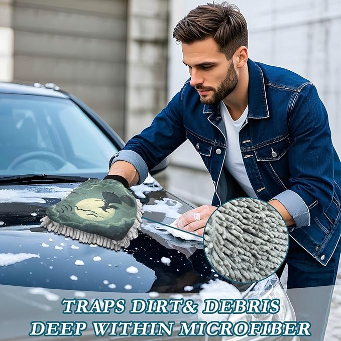 Car Wash Mitt Microfiber Wash Mitts for Car Washing Scratch-Free Cleaning Gloves Soft Non Absorbent Chenille Auto Hand Mitt Medium 2Pack Halloween Witch Bats and Moonlight