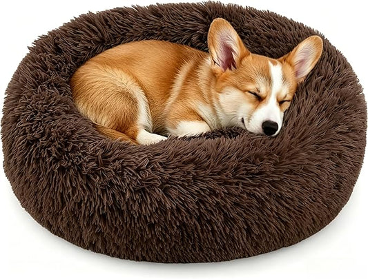 Calming Donut Dog and Cat Bed for Indoor Cats, Anti-Anxiety Round Fluffy Soft Washable Small Pet Bed for Puppy and Kitten, Warming Comfortable Luxury Anti-Slip Waterproof Mute Base 20in Coffee