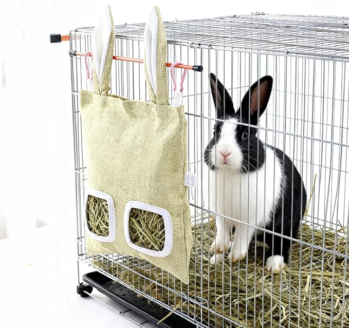 2 Pack Rabbit Guinea Pig Hay Feeder, Cute Bunny Hay Bag, Hanging Hay Holder for Guinea Pig Cage, Hay Feeder for Rabbits Chinchillas Hamsters Small Pets and Animals (Blue & Green)
