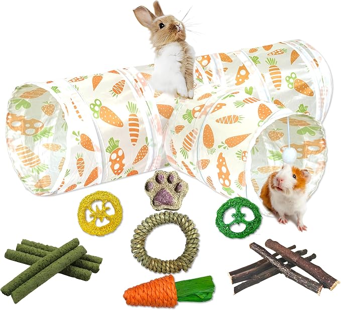 Rabbit Tunnel Toy, Collapsible 3-Way Hideout Tunnel with Chew Toys for Rabbits, Guinea Pigs, Ferrets, Kittens & Small Pets - Orange & White Carrot Design (33"x20"x9.5")