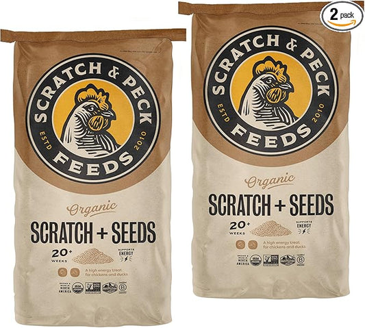 Scratch and Peck Scratch + Seeds Chicken and Duck Treat - 10 lbs Bag - 11% Protein, Certified Organic and Non-GMO Project Verified Chicken Food