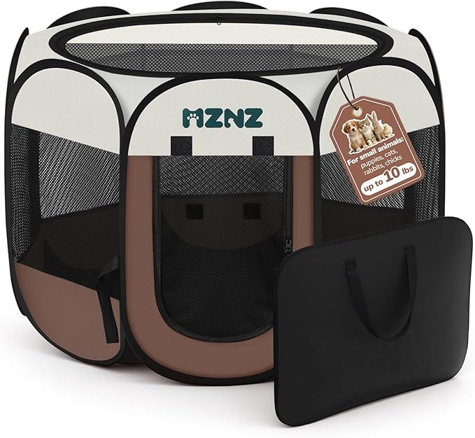 Dog Cat Playpen, Portable Small Animal Playpen Crate Indoor for Dogs Cats Rabbits, Foldable Guinea Pigs Bunny Cage Enclosure for Outdoor, Pop Up Dogs Cats Tent Kennel with Carrying Case, Brown