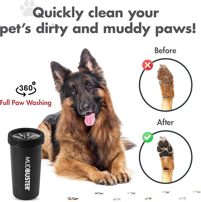 Dexas MudBuster Large Dog Paw Cleaner in Matte Black - Fits 2.5"-3.5" Wide Paws, Portable Paw Washer for Muddy Paws, Dog Paw Cleaning Cup with Gentle Silicone Bristles, Quick Clean Pet Paw Washer