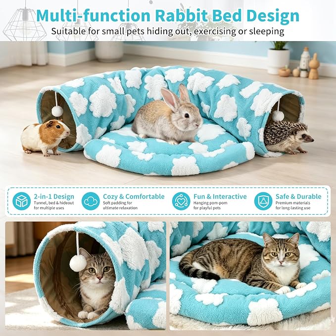 BWOGUE Bunny Tunnel Bed, 2-in-1 Collapsible Tunnel Tubes Toys with Removable Mat Hideout for Cats Kittens Rabbits Guinea Pigs Kitty (Clouds Blue)