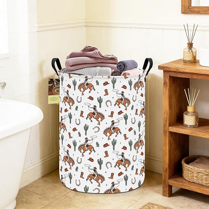Collapsible Fabric Storage Basket, Waterproof Laundry Hamper with Handles, Round Storage Bin for Clothes Toys, Foldable Organizer for Bedroom Nursery Bathroom(Round-Cowboy)