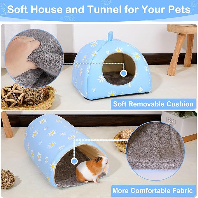 Bienbee Guinea Pig Hideout, Washable Rabbit Bed with Guinea Pig Tunnel, 2 Pack Guinea Pigs Toys Set Bunny Hideout Cage Accessories for Hamster Ferret Rabbits Bunny, Blue Daisy